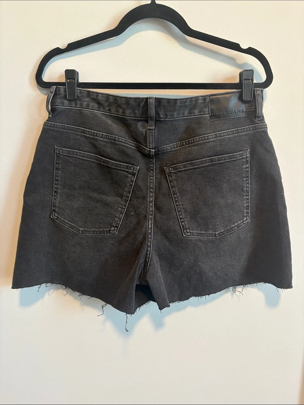Everlane “The Long Denim Short” - Black High-Rise Frayed Hem Denim Shorts
